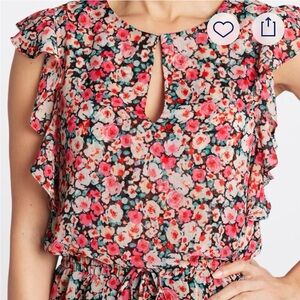Nine Britton Floral Keyhole Blouse - Pink and Red